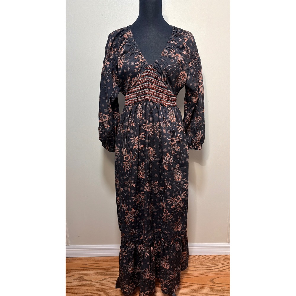 Free People Golden Hour Maxi Dress M Floral Smocked Waist Ballon Sleeve Boho